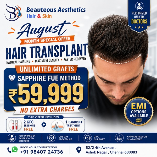 August Special Offer on Sapphire FUE Hair Transplant in Chennai – Unlimited Grafts for ₹59,999