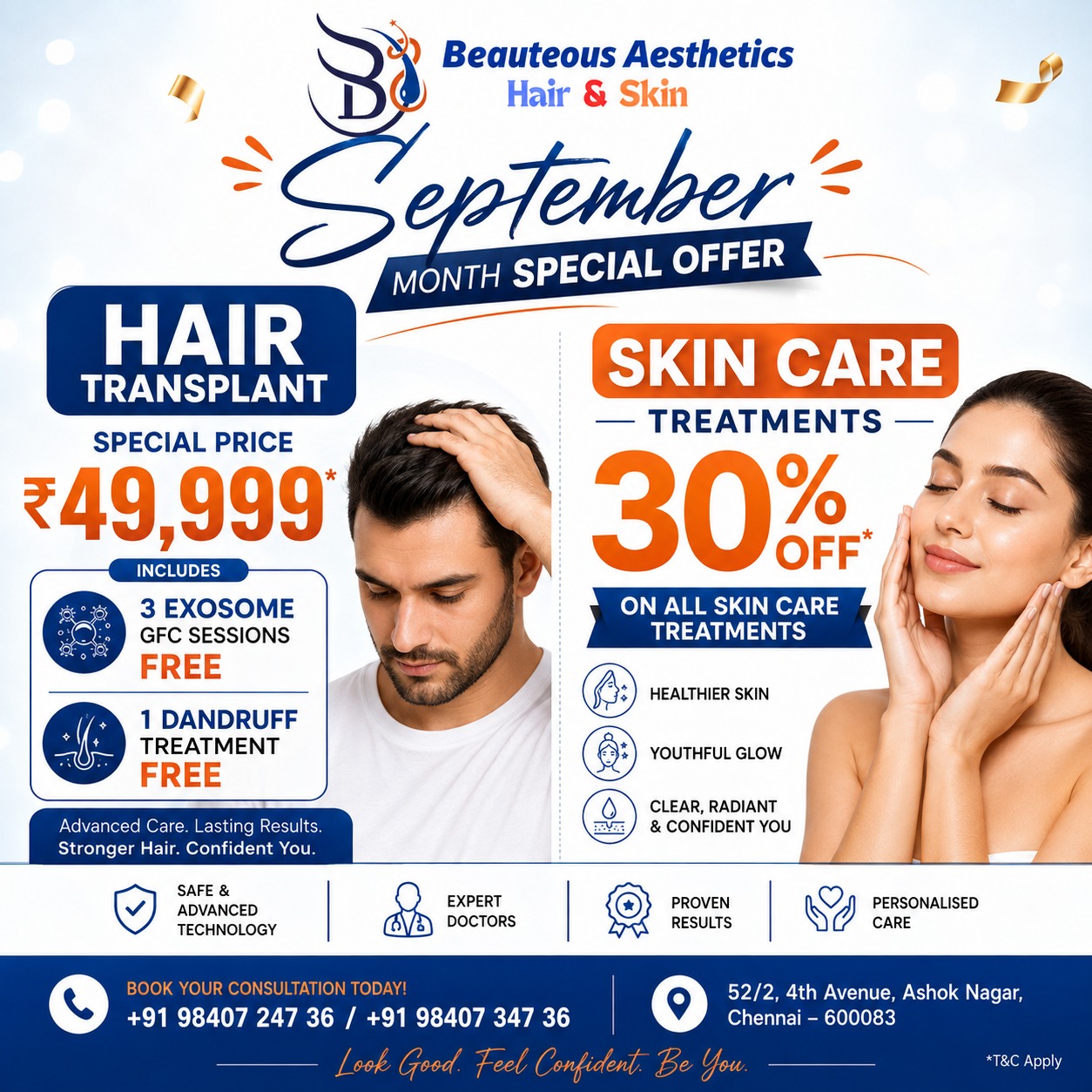 September Special Offers at Beautious Aesthetics, Chennai: Hair Transplant at ₹49,999 + Free Exosome GFC & Dandruff Treatment