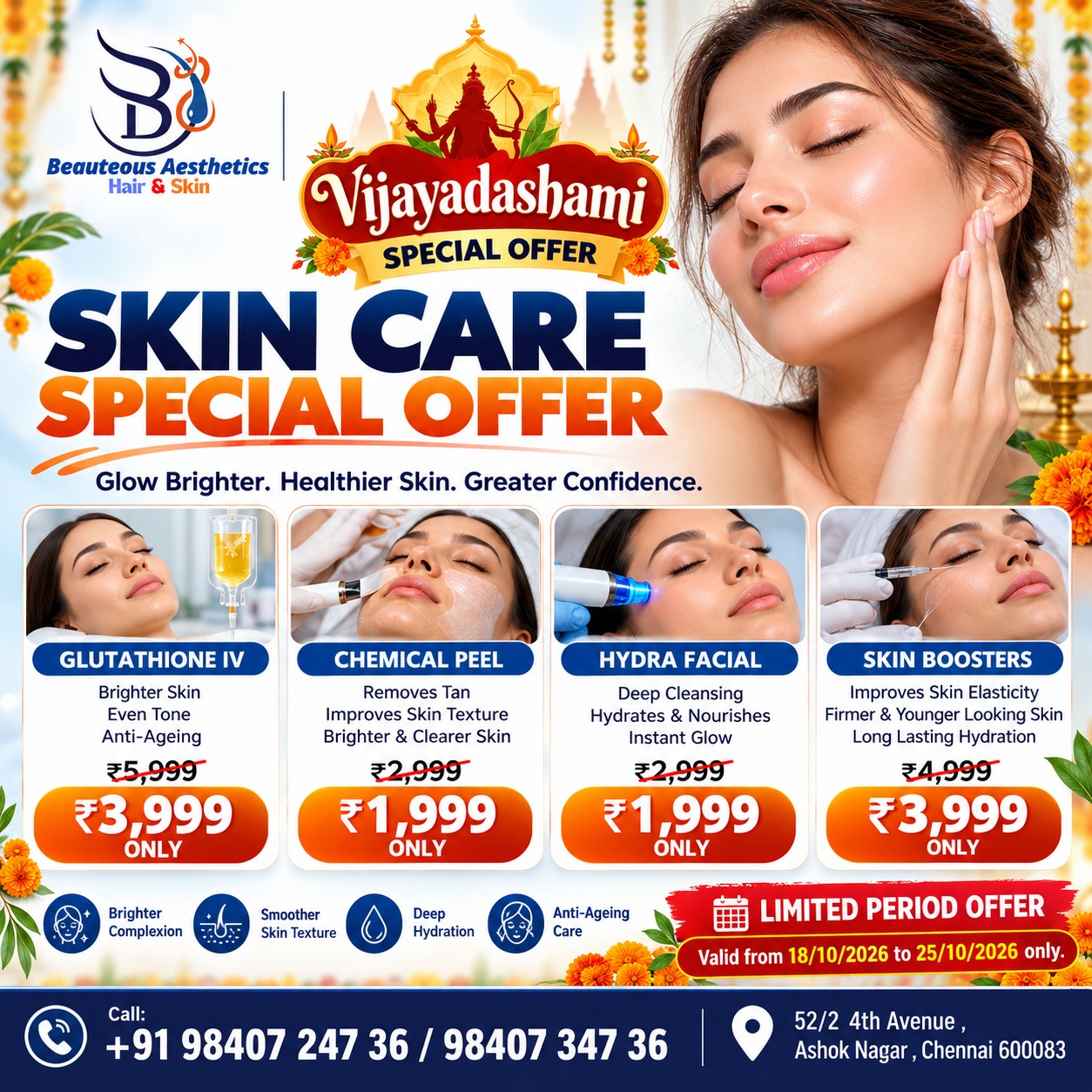 Vijayadashami Special Skin Care Offers Chennai Glutathione IV Chemical Peel Hydra Facial Skin Boosters Beautious Aesthetics